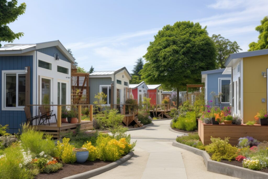 A Tiny home community with a pathway.